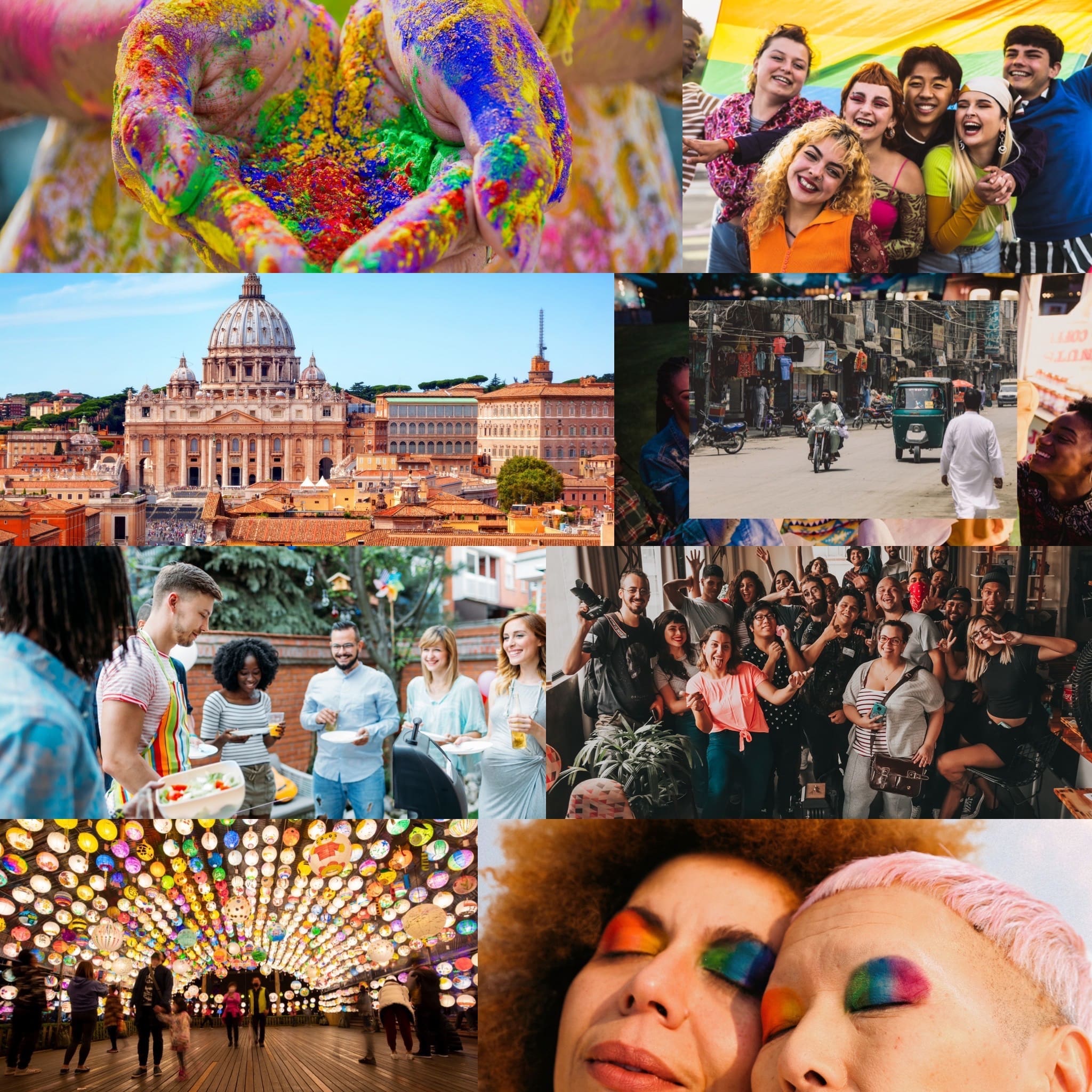 Mindful travel community – diverse group of friends sharing food and conversation during an outdoor gathering;vibrant lantern festival at night, paired with close-up of two people with rainbow eye makeup symbolizing pride and presence.