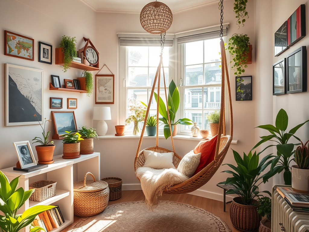 bright sun filled modern Cozy home sanctuary corner decorated with travel mementos, blending travel mementos with plants and home decor with an egg swing chair in the rays of the sunlight