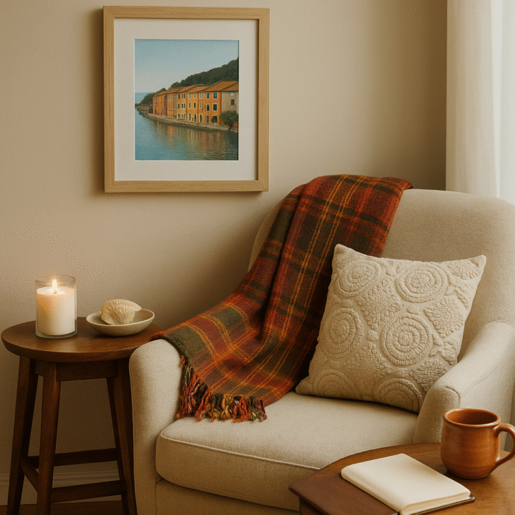 Cozy home sanctuary corner decorated with travel mementos, showing how to blend travel 