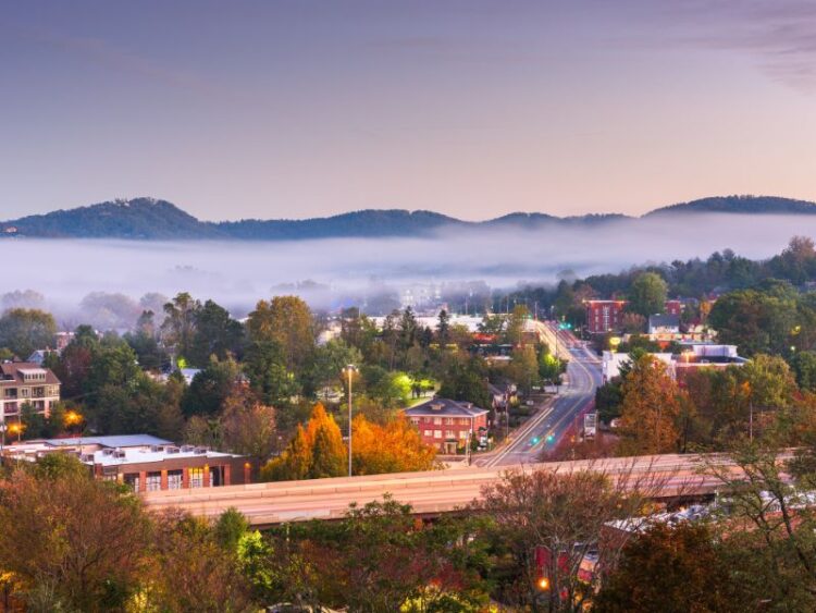 Mountain town at sunrise, a destination for wellness retreats