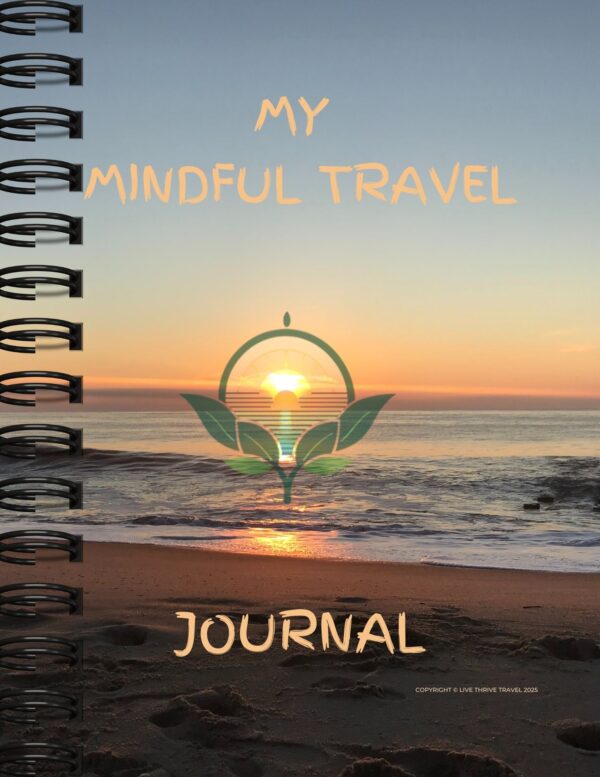 Printable mindful travel journal with daily reflection prompts, travel logs, and gratitude pages for intentional and soulful journeys. Designed for wellness travelers and mindful explorers.