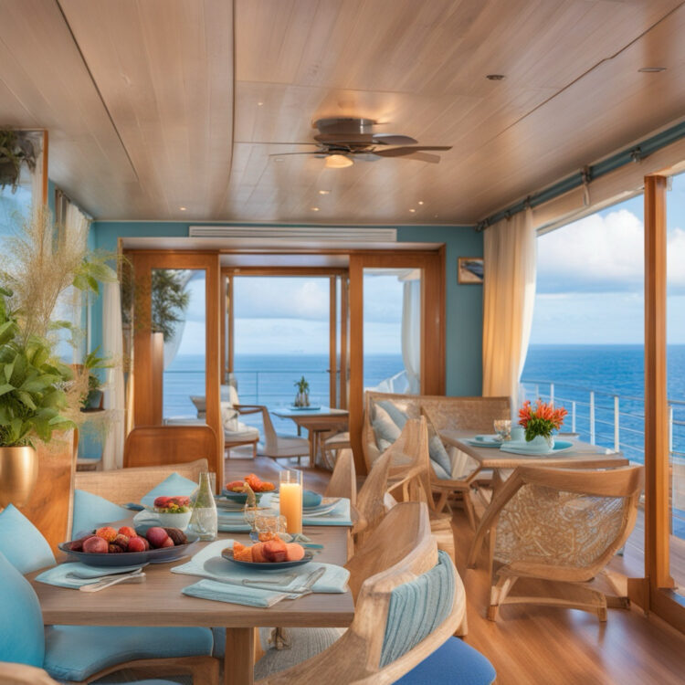 Wellness retreat dining area with ocean views and nourishing food
