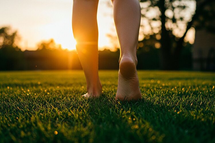 Grounding barefoot walk on dewy grass at sunrise, representing gentle self-care and reconnecting with the present moment
