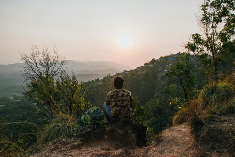 Back view of anonymous male observing picturesque mountains and forest at sunrise, enjoying the serenity of digital detox travel.