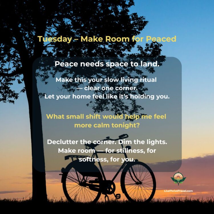 Bicycle silhouetted at sunset, reflecting Tuesday’s mindful evening wind-down ritual of clearing space and making room for peace at home.