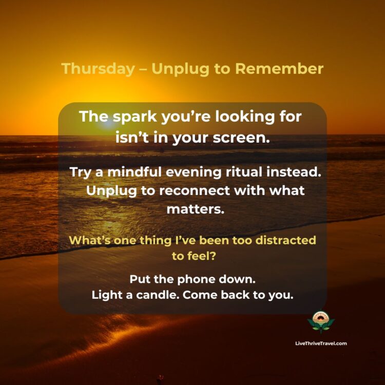 Golden sunset over the ocean, illustrating Thursday’s mindful evening ritual to unplug from screens and reconnect with what matters most.