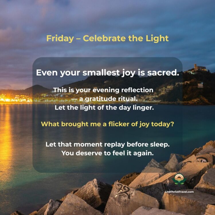 City lights reflecting on calm evening water, symbolizing Friday’s gratitude ritual to celebrate the light and joy of the week.