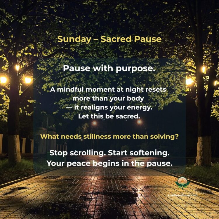 Nighttime street with glowing lamps and trees, symbolizing a Sunday evening wind-down ritual to pause with purpose and create stillness.