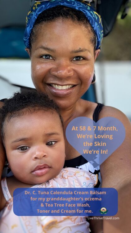 Grandmother and baby granddaughter smiling together, showcasing healthy skin with Farmasi Dr. C. Tuna Calendula Cream Balsam for eczema and Tea Tree skincare for intentional living.