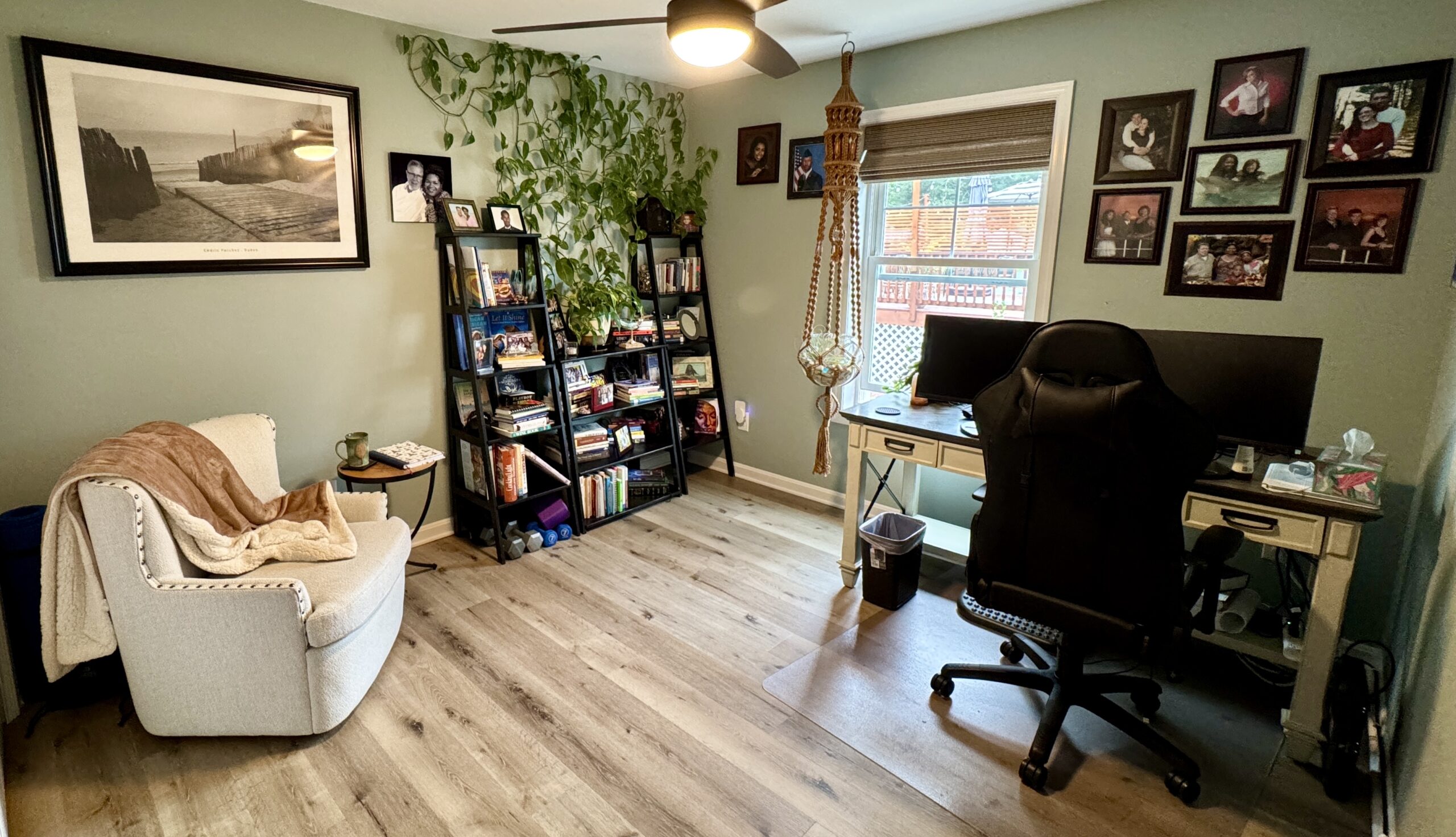 home office with cozy buffer zone chair, blanket, and tea creating a peaceful space to reduce work burnout and reclaim presence