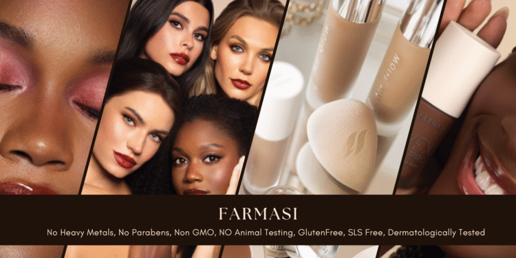 Farmasi clean beauty banner featuring diverse women, foundation products, and sponges with claims of no parabens, no heavy metals, gluten-free, cruelty-free skincare.
