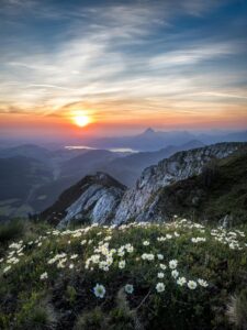 A stunning sunrise view over a rocky mountain landscape with wildflowers in bloomsymbolizing leaving work burnout behind and reclaiming peace through mindful living.