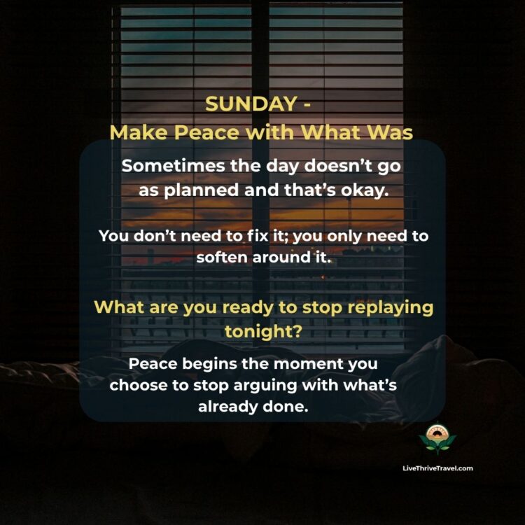 Sunset through blinds over a quiet bedroom. Evening wind-down rituals for making peace with what was.