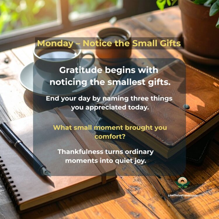 A peaceful morning light over a journal, coffee, and pen on a wooden table — symbolizing gratitude for small daily comforts and mindful reflection.