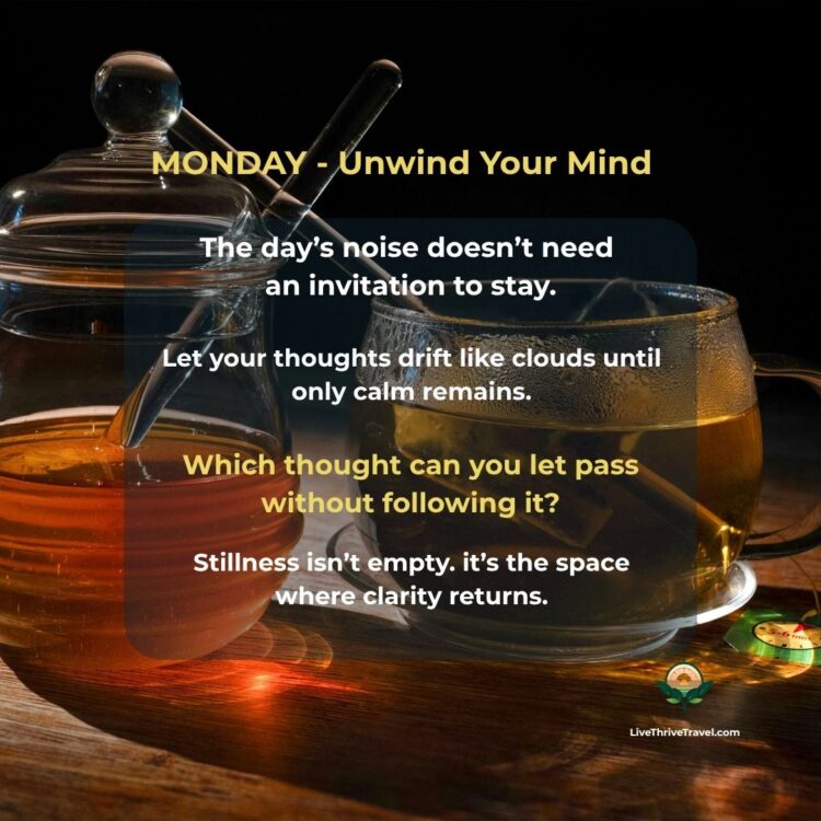 Steaming herbal tea in warm lamplight. Evening wind-down rituals to help unwind the mind.