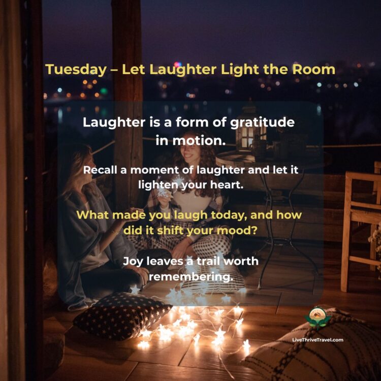 Two friends laughing together on a cozy porch surrounded by warm lights — capturing joy, connection, and mindful gratitude at night.