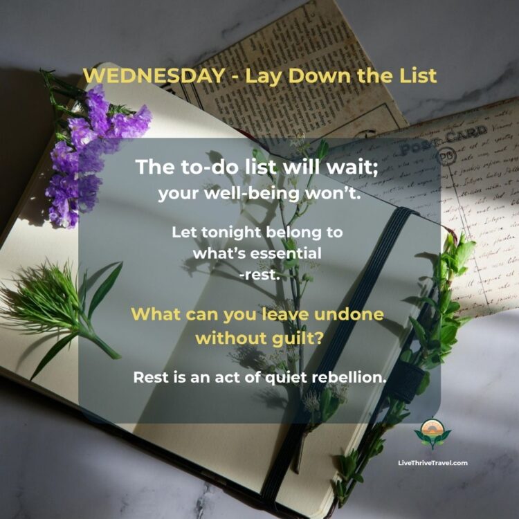 Open notebook with flowers in gentle daylight. Evening wind-down rituals that encourage laying down the to-do list.