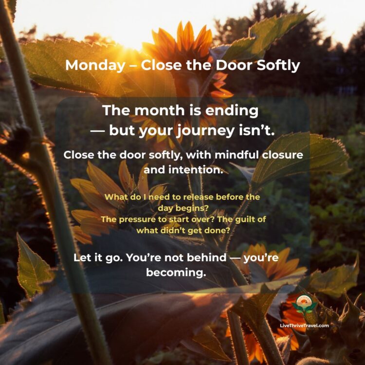 Sunset light over sunflowers, representing Monday’s evening ritual of closing the door softly and releasing pressure with mindful intention.