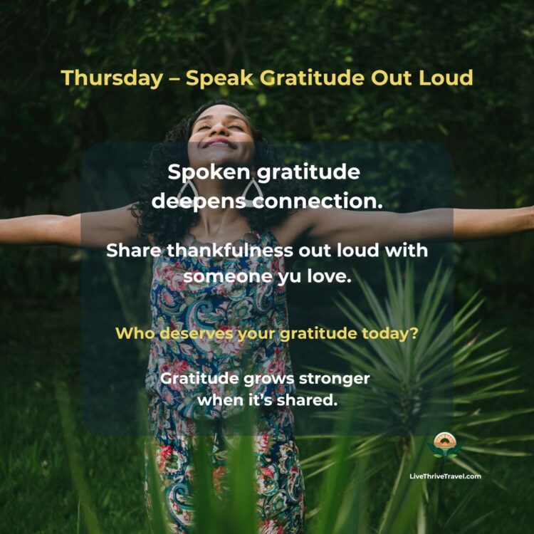 Woman smiling with open arms in nature, embracing gratitude and presence during her evening mindfulness ritual.