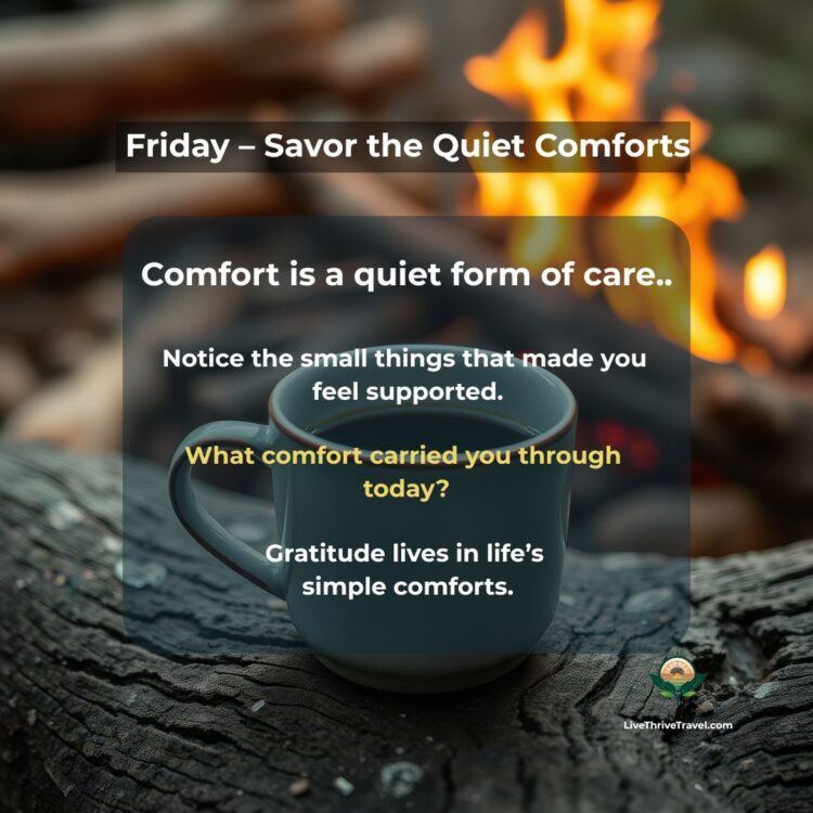 Warm cup of tea near a firelight — symbolizing calm, cozy evening reflection, and gratitude for life’s simple comforts.