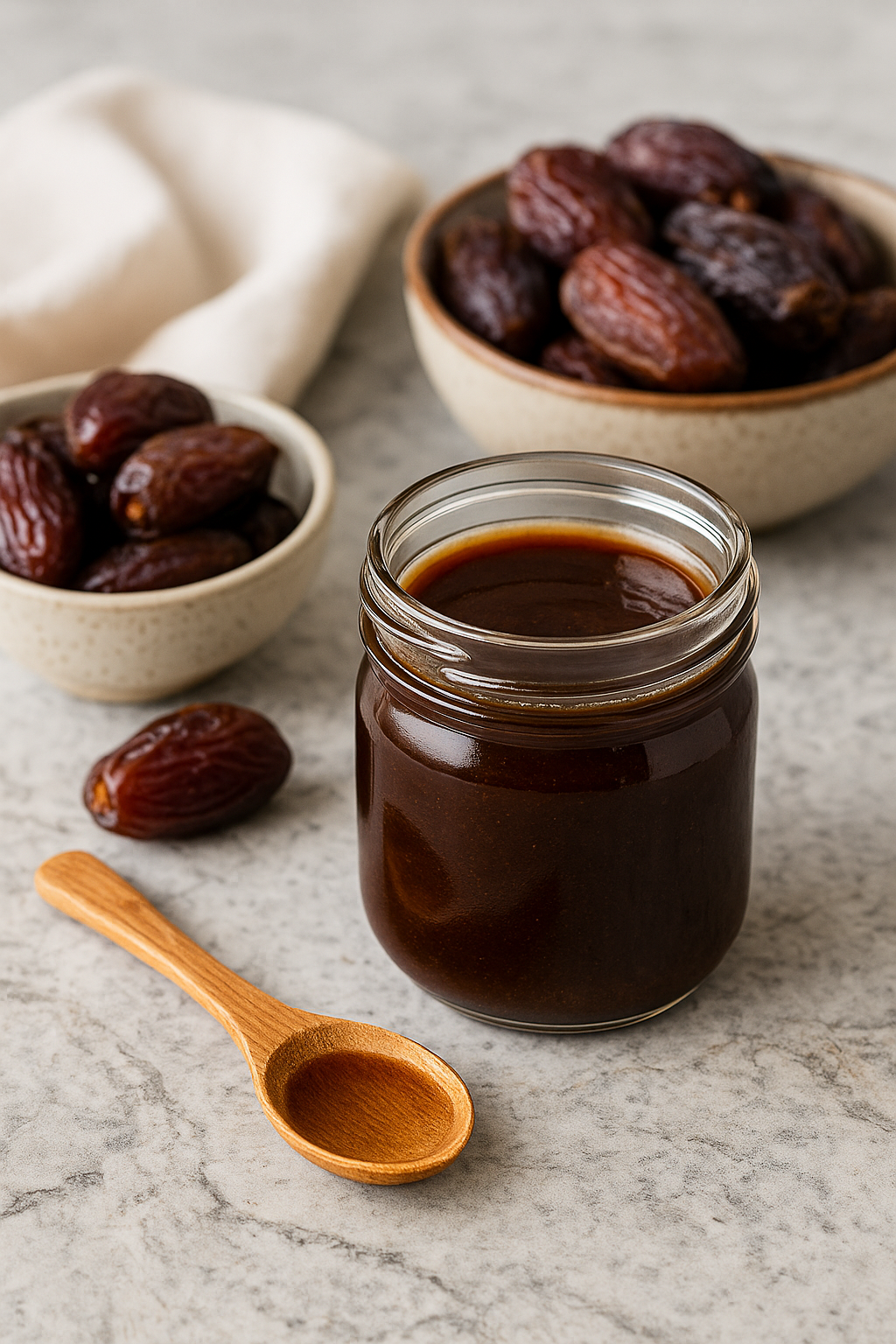 Homemade date syrup in a clear glass jar on a neutral countertop, surrounded by whole dates and a wooden spoon, lit by soft morning light.
