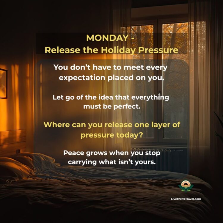 Soft golden light filling a dim bedroom at sunset, symbolizing emotional release and rest. Monday evening wind-down ritual card encouraging the release of holiday pressure and perfectionism during Thanksgiving week.