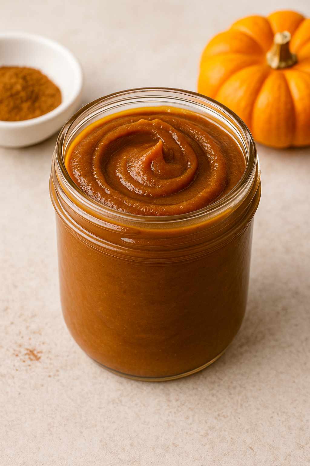 Glass jar filled with smooth, swirled pumpkin butter on a neutral background, surrounded by cinnamon and a small pumpkin, styled in warm autumn light.