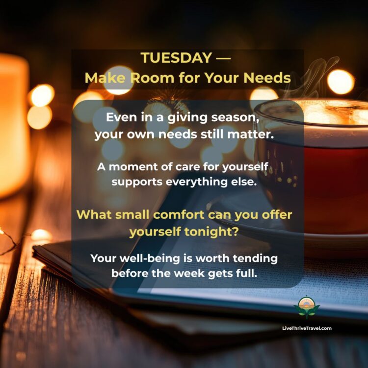 Warm candlelight and a steaming cup in a soft-focus evening scene, creating a cozy, restorative mood. Tuesday evening wind-down ritual card centered on self-care, comfort, and mindful living during a busy holiday season.