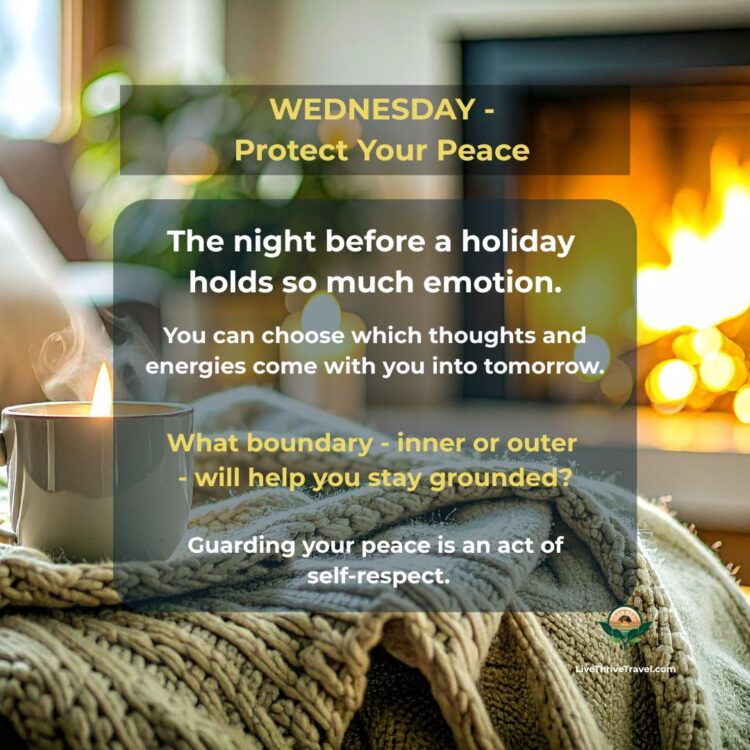 Candle on a knitted blanket with a glowing fireplace in the background, creating a peaceful and grounding atmosphere. Wednesday evening wind-down ritual card focused on protecting your energy and emotional boundaries before Thanksgiving.