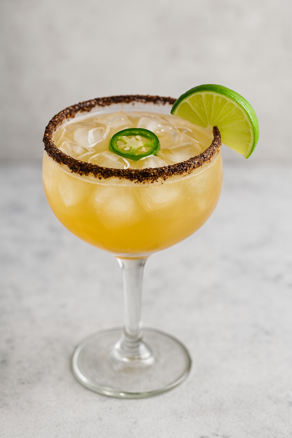 Dark Chocolate Mexican Margarita served in a chocolate-rimmed glass with ice, jalapeño slice, and lime wedge on a marble countertop.