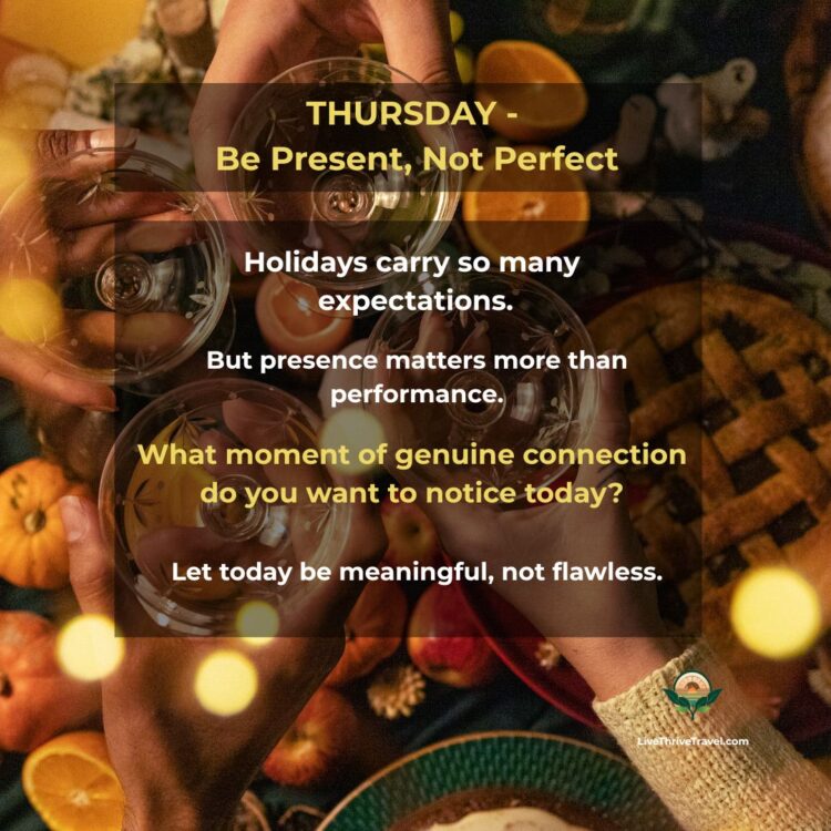 Warm Thanksgiving table scene with hands holding glasses in a toast, surrounded by holiday food and soft golden light. Thursday evening wind-down ritual card highlighting presence over perfection for Thanksgiving mindfulness.