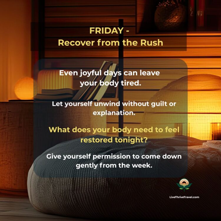 Cozy home interior with warm lamps, books, and soft textures creating a peaceful decompression space. Friday evening wind-down ritual card about recovering from Thanksgiving overwhelm and restoring the body after a full holiday week.