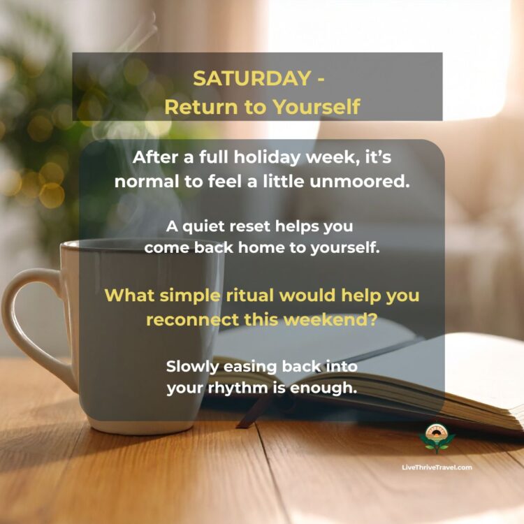 Soft morning light filtering into a cozy home scene with a warm mug and journal. Saturday evening wind-down ritual card encouraging a gentle weekend reset after holiday stress and emotional fullness.