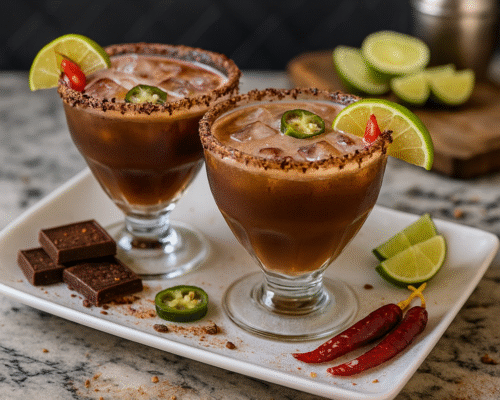 Dark Chocolate Mexican Margarita for mindful evenings with cocoa-chili rim, lime wedges, and jalapeño garnish displayed on a home bar counter.