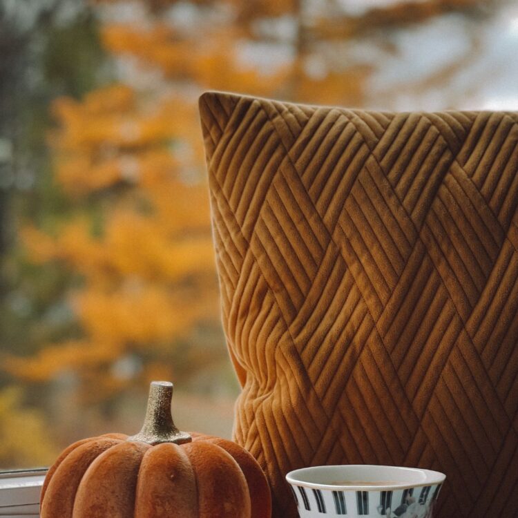 A warm autumn scene with a soft textured pillow, a pumpkin, and a cup of tea by the window, creating a calm setting for a holiday mindful evening routine.