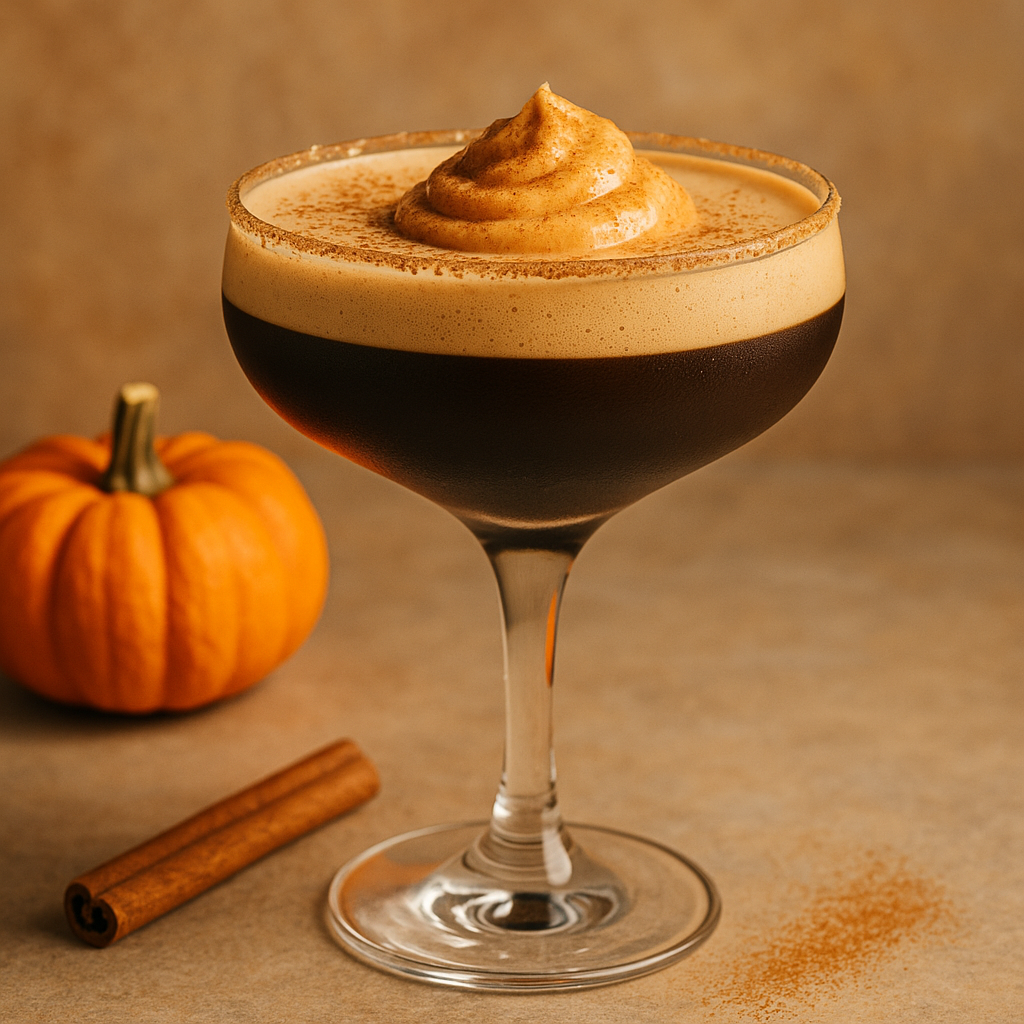 Intentional Pumpkin Cold Brew Martini in a coupe glass with pumpkin spice foam and cinnamon garnish, styled with fall accents for a seasonal mindful drink.