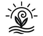 Live Thrive Travel logo featuring a rising sun, swirling sprout, and flowing waves symbolizing mindful living and restorative travel.