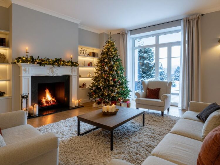 Cozy living room with a glowing fireplace, decorated garland, and a lit Christmas tree, creating a peaceful and intentional space that reflects mindful living for the holidays and a calm holiday season.