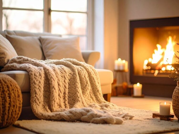soft blanket and glowing fireplace create a quiet, calming space for slowing down and finding presence during the holiday season.