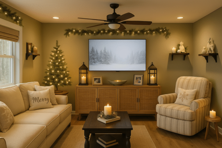 Cozy living room decorated for the holidays with a small lit Christmas tree, garland above the TV, candles, and warm neutral furniture.
