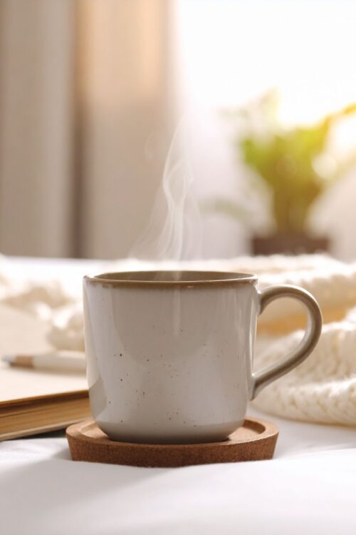 Warm cup of tea in a calm home setting, representing slowing down when life feels overwhelming