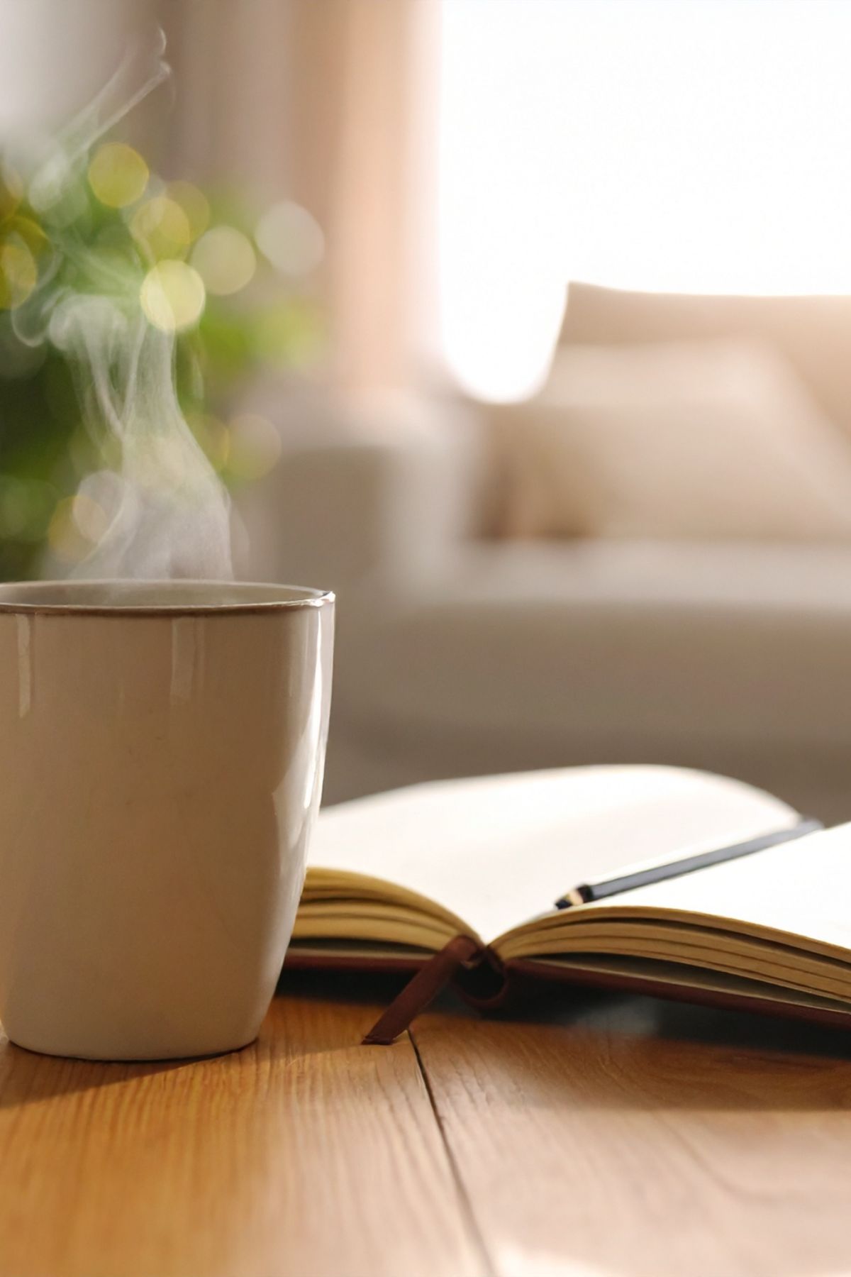 Soft evening light and a warm cup of tea creating a calm, restful moment at home