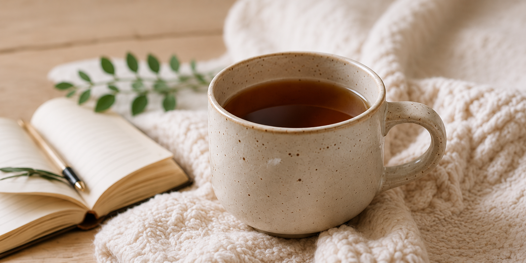 Warm cup of herbal tea beside an open journal, soft blanket, and greenery, creating a peaceful moment for reflection and self-care.