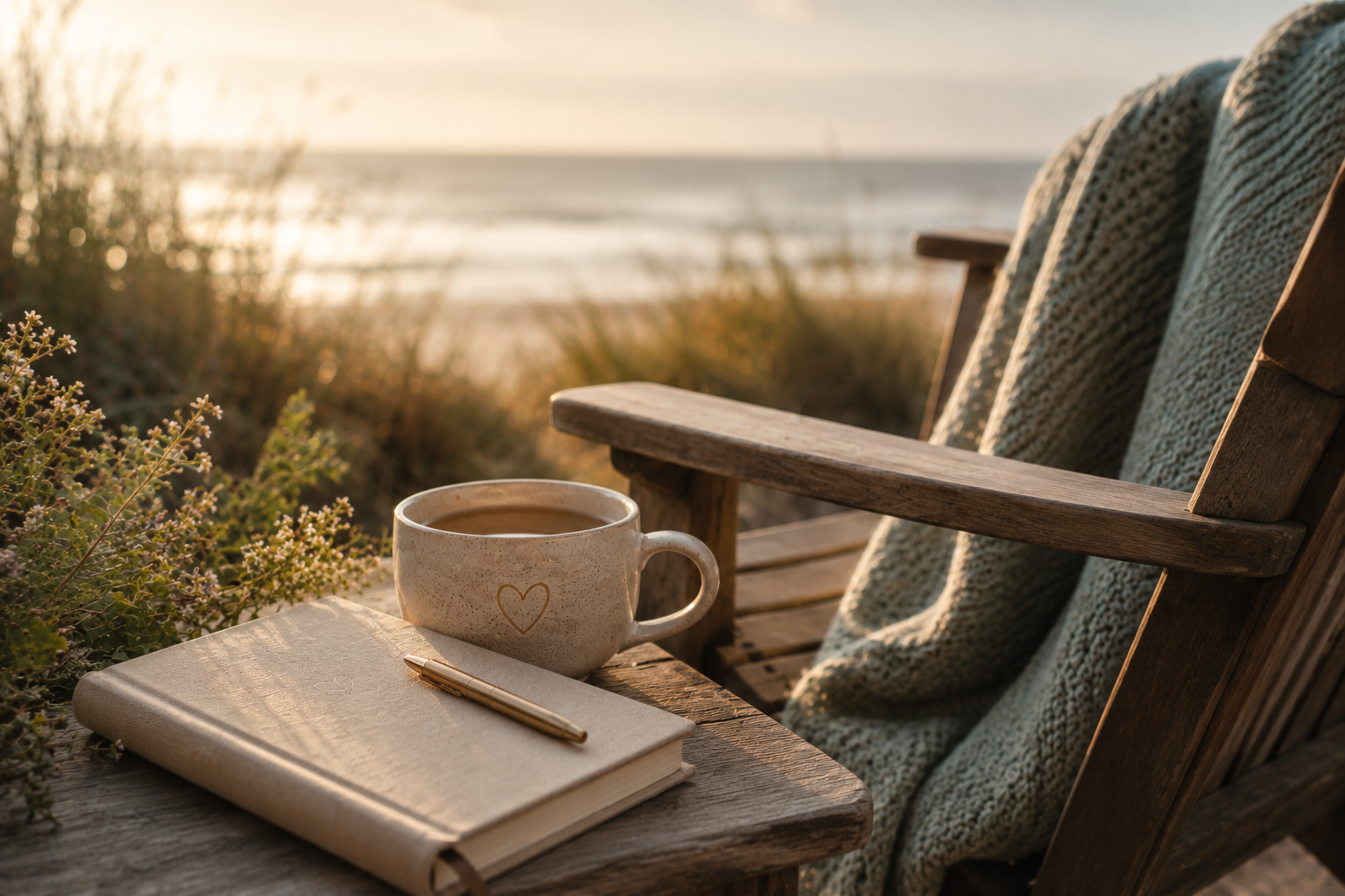 Creating A journal, warm cup of herbal tea, and cozy chair overlooking a softly blurred coastline, representing support during life’s transitions and creating small moments of calm.