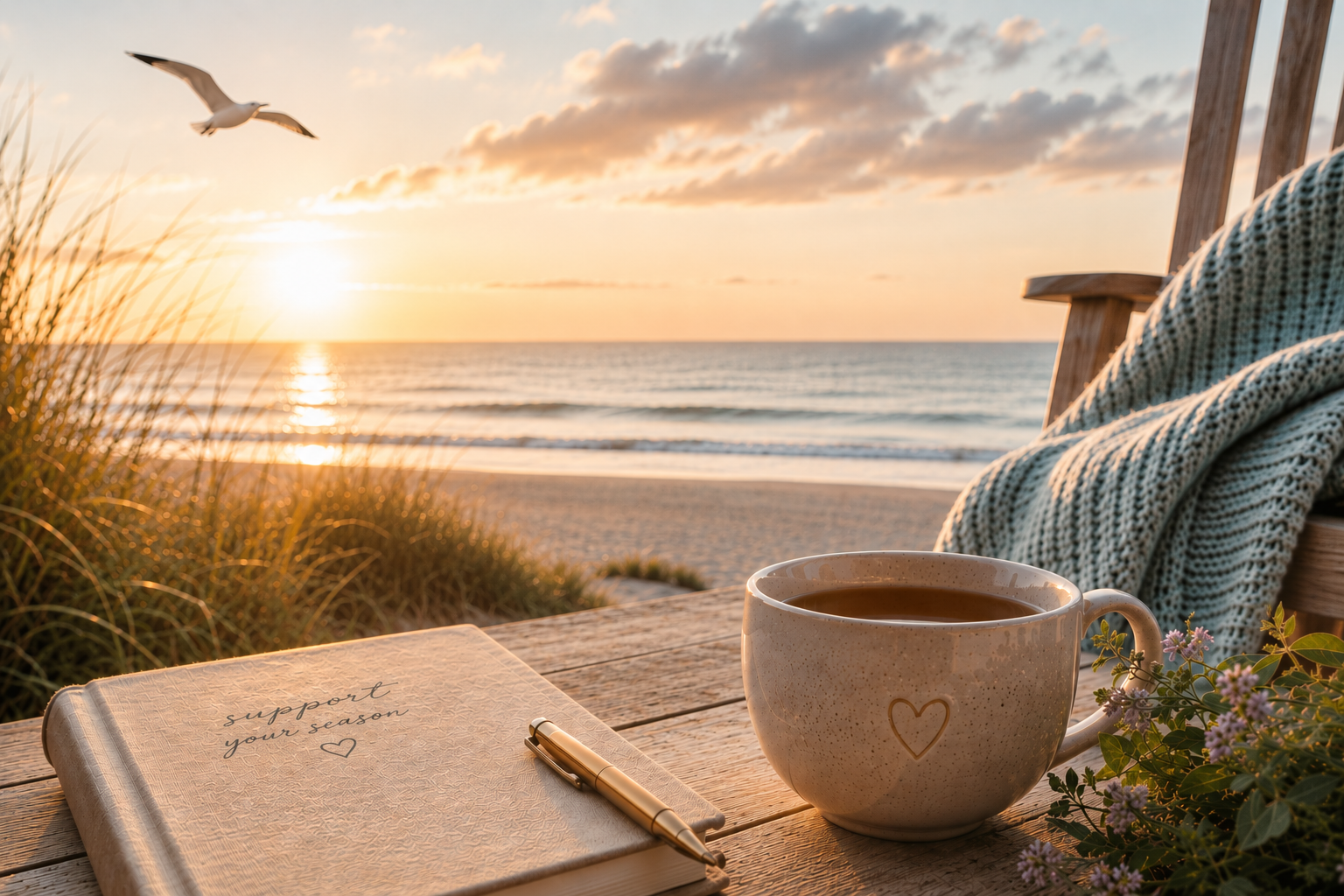 A warm cup of herbal tea beside a journal and cozy chair overlooking the ocean at sunrise, symbolizing support during life’s transitions and creating calm during difficult seasons.