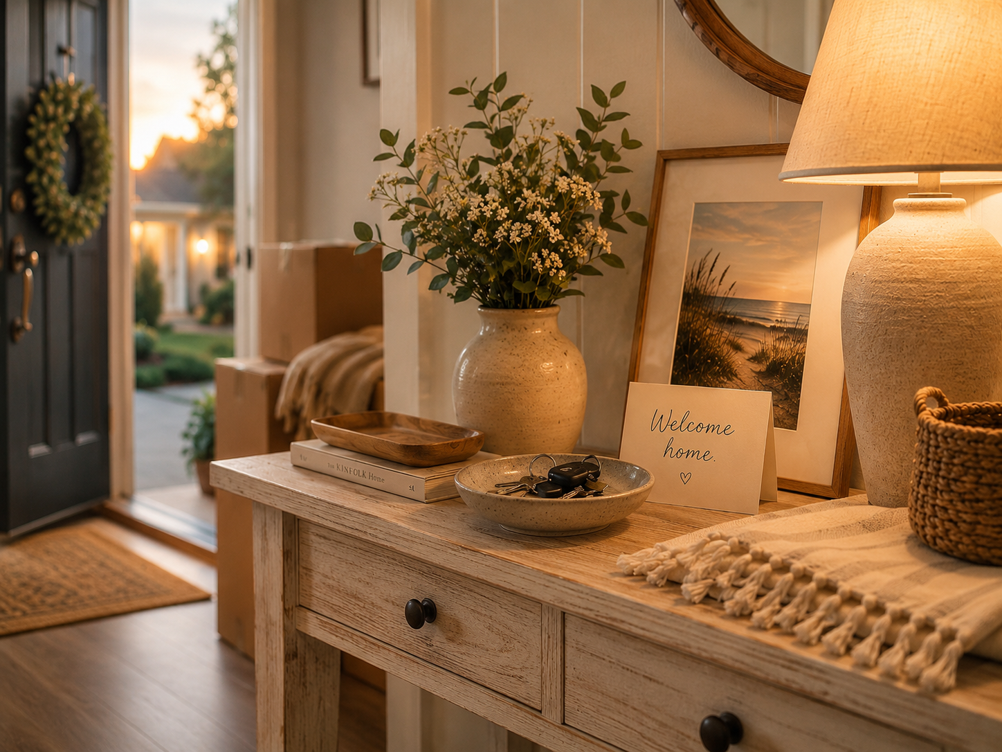 Welcoming new home entryway with soft lighting, fresh flowers, keys, and thoughtful details creating comfort on the first night in a new space.