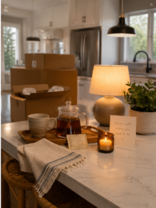 Tea, a mug, a lit candle, and a glowing lamp on a kitchen island, with moving boxes in the background.support during the first night in a new home.