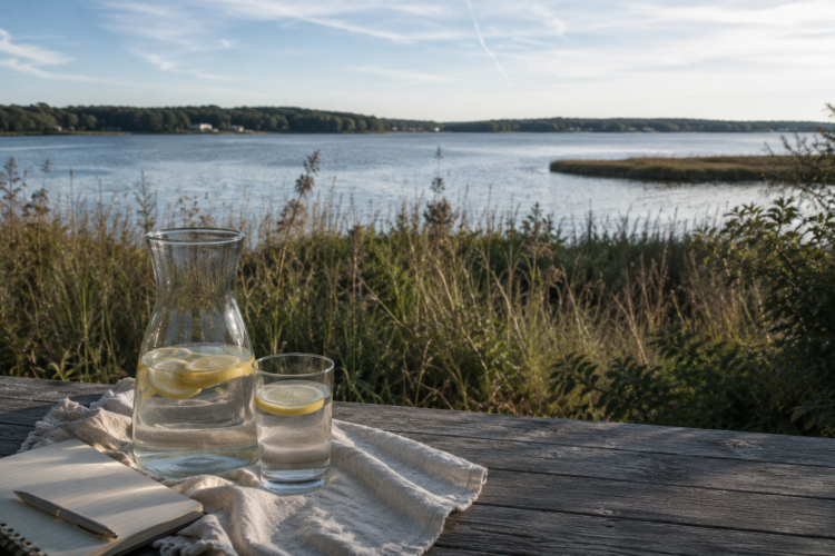 Quiet outdoor porch overlooking a coastal marsh with lemon water, journal, and peaceful morning setting representing creating support before it’s needed.