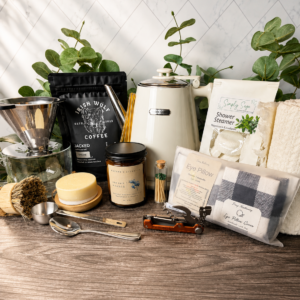 First Night Gift with Hazel Quinn electric kettle, pour-over coffee maker, herbal tea, coffee, and thoughtful new home essentials.
