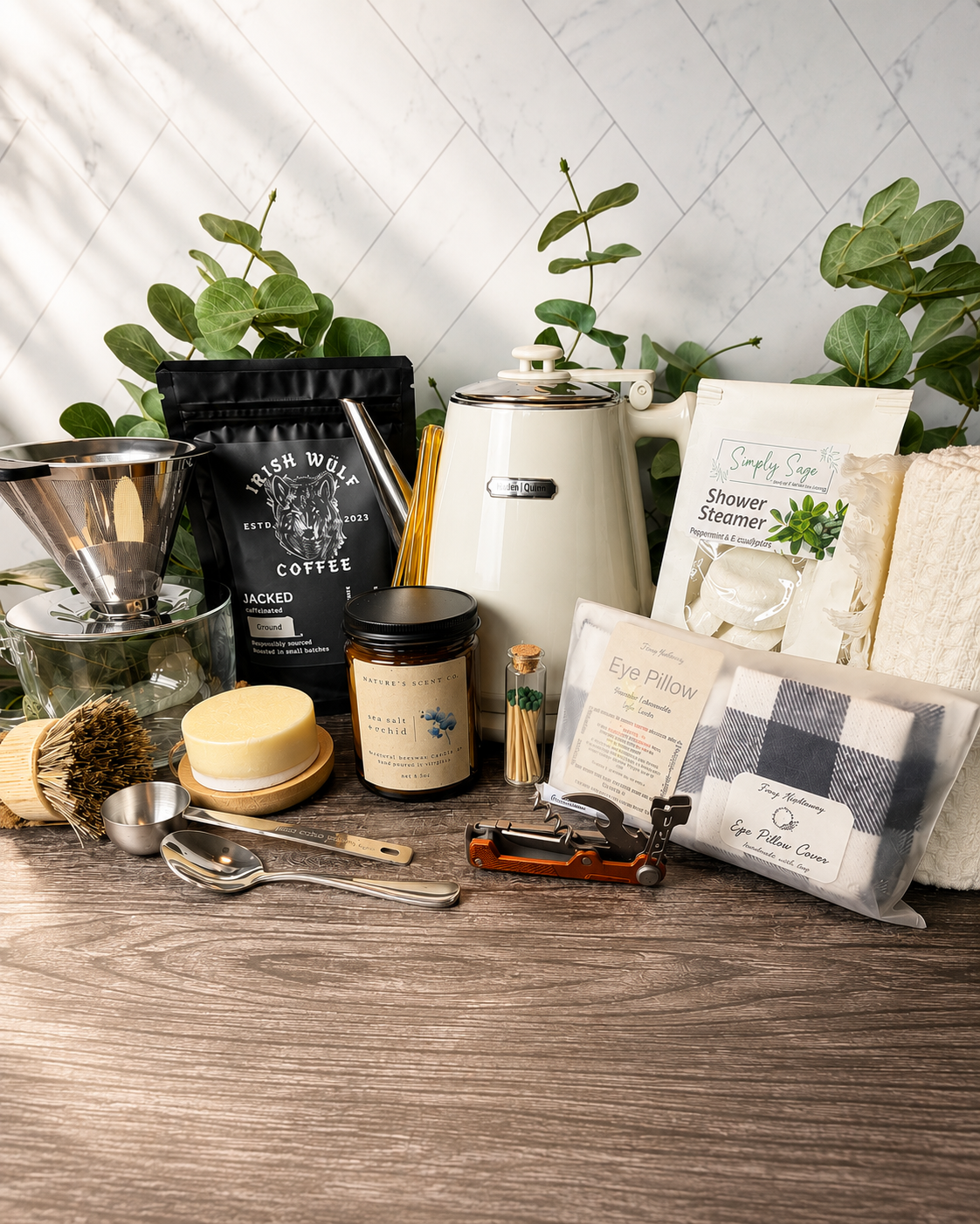 First Night Gift with Hazel Quinn electric kettle, pour-over coffee maker, herbal tea, coffee, and thoughtful new home essentials.